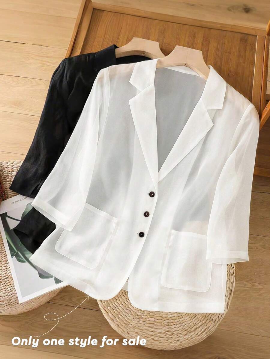GlowEve Sheer Lapel Mid-Sleeve Single-Breasted Pocket Women Thin Blazer Jacket - White - View 1