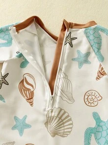 SHEIN Bubblio 男女宝宝舒适可爱海龟贝壳条纹印花长袖罩衫泳衣，适合户外、度假、游泳、温泉、海滩、冲浪、春夏季节穿着。 - 彩色 - 查看 9