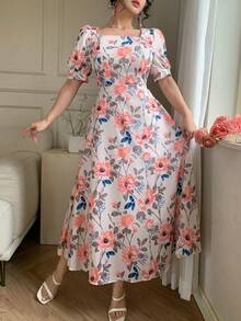 DAZY Women's Elegant Floral Print Square Neck Puff Sleeve Dress, Summer Wedding Guest Dress - Pink - View 4