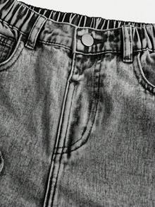 SHEIN ChillGRL Tween Girls Y2K Light Blue Denim + Five-Pointed Star Frayed Patch Embroidery + Straight Loose Fit + Fashionable Streetwear Casual Girls Jeans - Grey - View 3