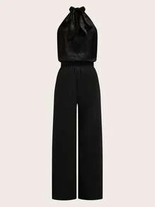 Ellevyn 大码金色吊带露背上衣，金属系带，无袖衬衫上衣搭配金属扣长裤两件套，休闲派对装。 - 黑色 - 查看 2