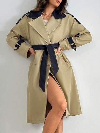 EURMUSE 11/17/2025, 2:57:53 PM Women's Denim-Trim Belted Trench Coat - Double-Breasted Long Trench With Denim Collar, Epaulettes & Cuff Accents, Tailored A-Line Fit, Detachable Belt, Water-Resistant Outerwear For Fall & Spring, Chic Office To Street Style, Versatile Layering Coat, Plus & Petite Sizes, True To Size, Fast Shipping & Easy Return Khaki Dress Women Long Safari Outfit Women French Dresses For Women Trending Clothes For Women Blazer Dress For Women