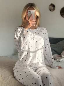 DAZY 女士甜心印花蝴蝶结装饰领睡衣套装 - 白色 - 查看 6