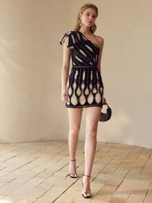 MOTF PREMIUM ASYMMETRIC NECKLINE EMBROIDERED BLACK MINI DRESS - Multicolor - View 5