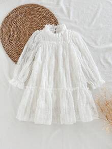 SHEIN Vintaside Kids 女童优雅公主风荷叶边领泡泡袖提花刺绣双层荷叶边下摆宽松公主裙，适合度假、旅行、派对、送礼、春秋季穿着。 - 白色 - 查看 3