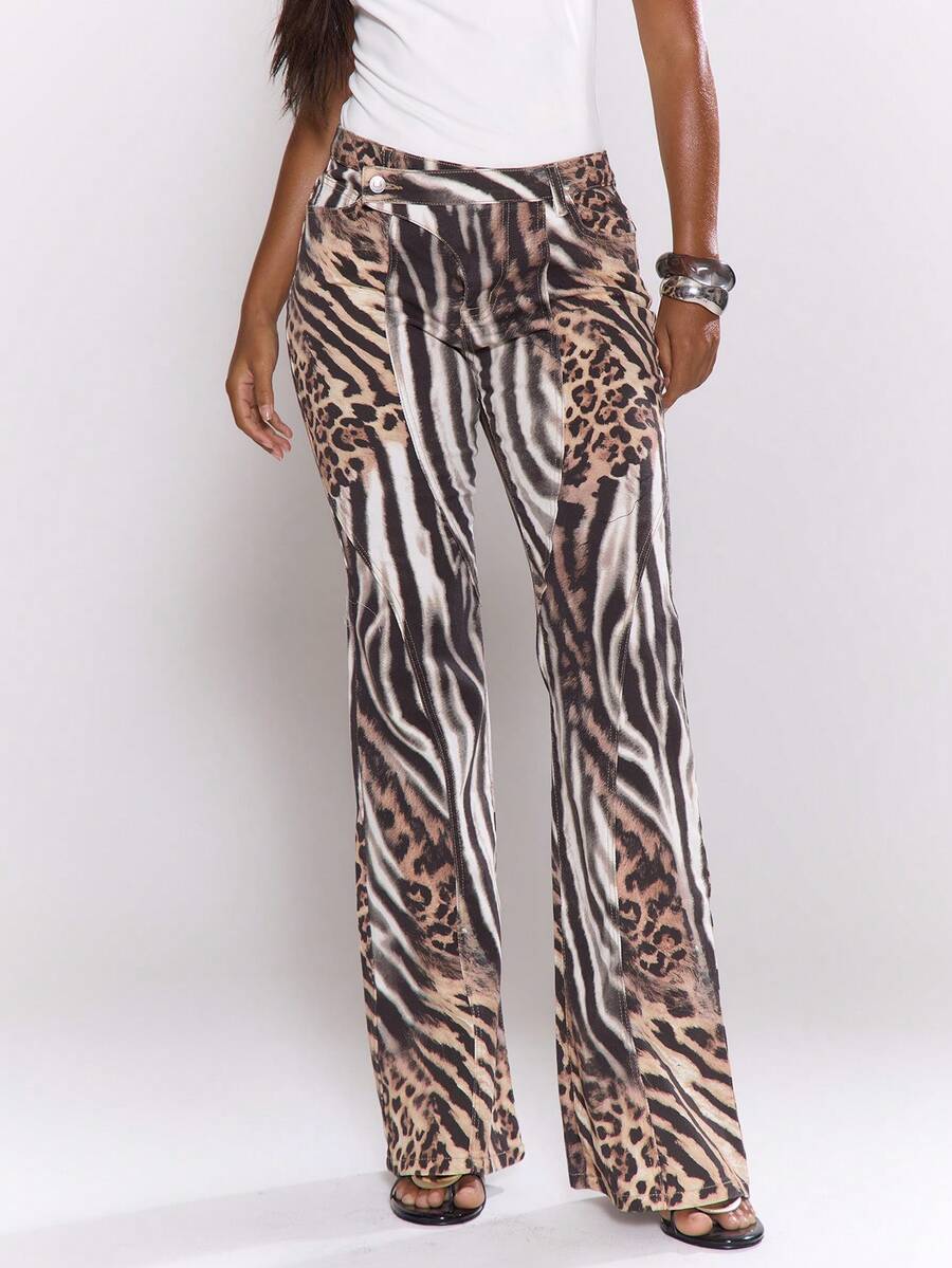 MUSERA Fitted Asymmetric Waist Low Rise Print Flare Jeans Cool Girl, , Going Out, Sexy, Crimson Winter Chic Summer - Brown - View 1