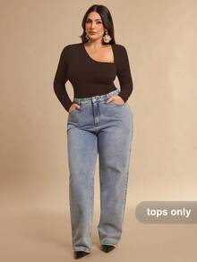 SHEIN BAE Plus Size Women's Asymmetric Collar Long Sleeve Bodysuit, Wine Red - Coffee Brown - View 3