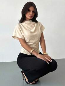 Firerie Crinkle Collar Asymmetric Sleeve Side Ruched Waist Slim Fit Apricot Bamboo Linen Fabric Blouse For Women, All Season - Apricot - View 4