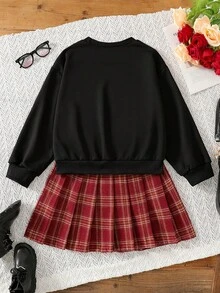 SHEIN 两件套 时尚休闲学院风女童杏色针织套头衫（带蝴蝶结印花）搭配红色格子迷你裙，适合户外、旅行、街头、休闲、居家、学校、日常搭配 - 黑色 - 查看 2