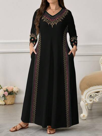 Lacomfia Plus Size Women's Swirl, Floral Embroidery Print V-Neck Long Sleeve Dress With Pockets And Flared Hem, Islamic Dresses For Women Dress Modest, Black Abaya For Women, Turkish Dress Abaya Dress