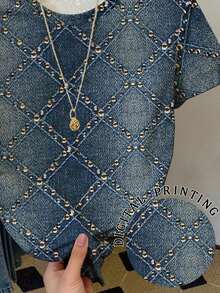 Resyla Women's Casual Crystal Print Round Neck Short Sleeve T-Shirt, Summer - Multicolor - View 4