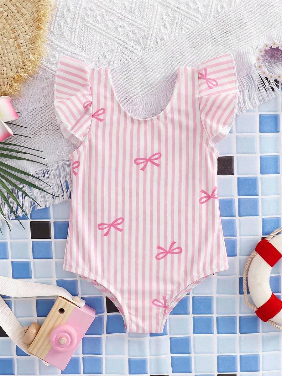 Emery Rose Kids Emery Rose Kids Babygirl Fitted Casual Minimalist Comfortable Round Neck Backless Bow Decor Swimsuit - Multicolor - View 1