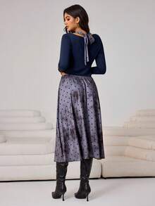 Aidyla Women's Blue Knit Long Sleeve Top And Grey Polka Dot Halter Neck Top With Grey Polka Dot Skirt 2-Piece Set, Spring/Summer - Grey - View 2