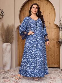 Al Najma 大码女式V领印花蕾丝边阿拉伯风格连衣裙 - 彩色 - 查看 7