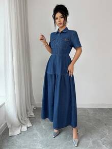 Elenzga Loose Retro Denim Dress For Women Summer Elegant - Medium Wash - View 5