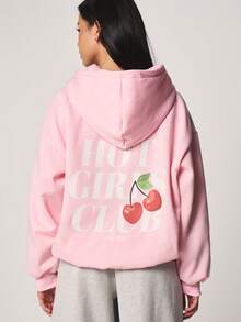 MISSGUIDED Women Oversized Pink Hoodie With Hot Girls Club Cherry Print Back Graphic Long Sleeve Drawstring Pullover Sweatshirt For Casual Fall Winter - Pink - View 4