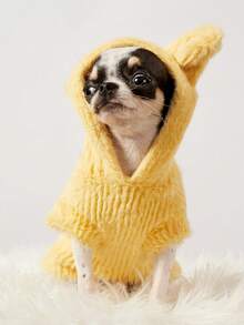 PETSIN 1 件防貂毛绒宠物连帽无袖连帽衫带耳朵，黄色毛绒厚保暖宠物服装 - 黃色 - 查看 3