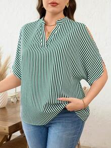 SHEIN Clasi 大码女式条纹V领宽松短袖衬衫 - 綠色 - 查看 4