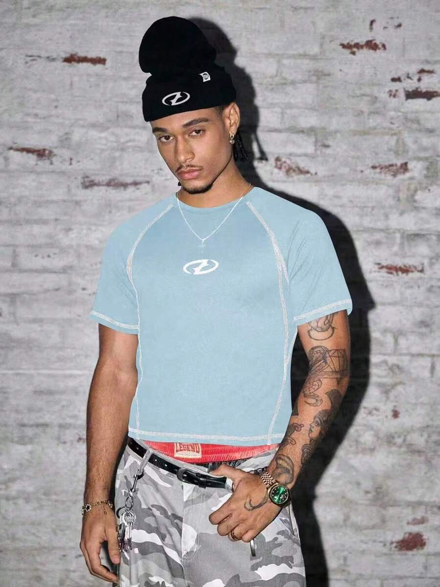 AXEPEAK Men's Geometric Print Raglan Short Sleeve Slim Fit T-Shirt - Blue - View 1