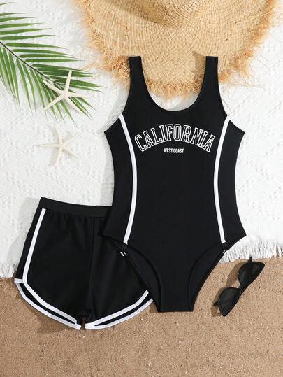 SHEIN Traje de baño de una pieza con estampado de árbol de coco y parches de unicolor, talla grande shorts de baño con estampado de árbol de coco, adecuado para verano, surf, playa, vacaciones, piscina