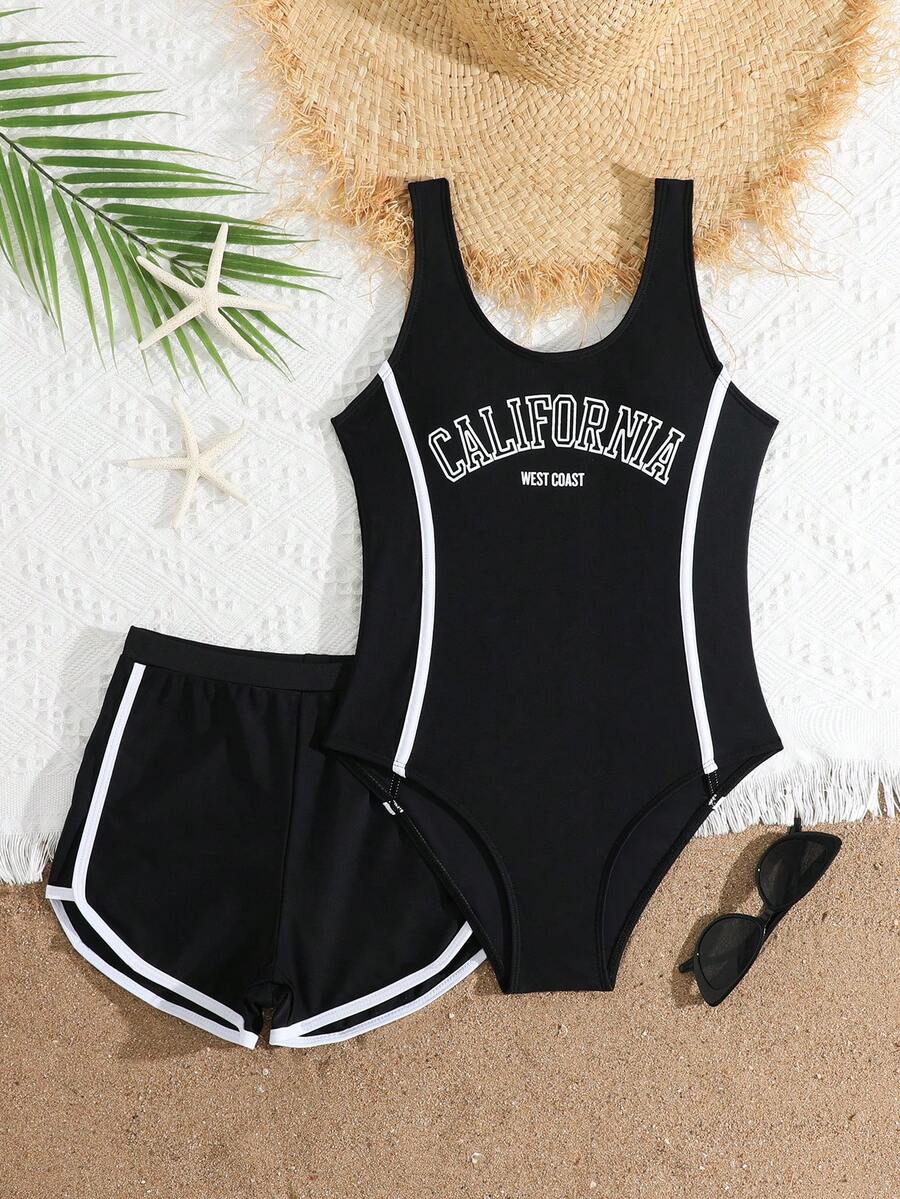 SHEIN 女童椰树印花拼接纯色连体泳衣,搭配椰树印花泳裤,适合夏季、冲浪、海滩、度假、泳池等场合。 - 黑與白 - 查看 1