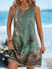 Sylviya 女士圆领金属环装饰A字无袖休闲迷你连衣裙，碎花印花，优雅适合度假和外出。 - 彩色 - 查看 6