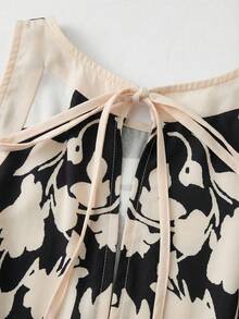 SHEIN Clasi 女士优雅露背连体裤，宽松版型，撞色印花 - 黑色 - 查看 3