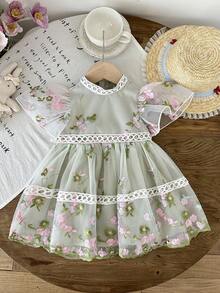 LMoss Kids LMoss   Baby Girl Woven Mandarin Collar Solid Color Patchwork Embroidered Mesh Casual Dress,,فستان,تنوره,فساتين بنات,ملابس اطفال,Baby Girls Clothes,Prom Dress,Summer Clothes,Suitable For Everyday Life, Parties, Birthdays, And Celebrations In Spring And Summer. - Multicolor - View 7