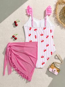 SHEIN Tween Girl Cute Knitted Cherry Pink Striped Print One-Piece Swimsuit With Mesh Skirt 2 Pieces Set, Fashionable Casual Modest Suitable For Beach - Pink - View 2