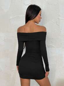 SHEIN PETITE 女士纯色长袖荷叶边露肩修身中长连衣裙，夏季女装 - 黑色 - 查看 3