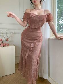 DAZY 女士优雅亮片荷叶边不对称中长连衣裙，夏季 - 粉色 - 查看 1