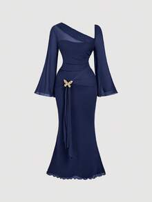 SHEIN MOD Plus Size Navy Asymmetric Shoulder Flare Sleeve Brown Bow Metal Buckle Dress - Navy Blue - View 5