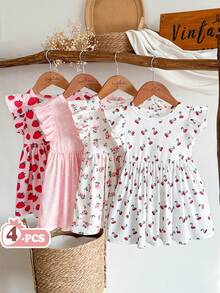 Vintaside Kids 4pcs/Set Toddler Girls' Cute Floral Print Cap Sleeve Casual Dress, Summer - Multicolor - View 3