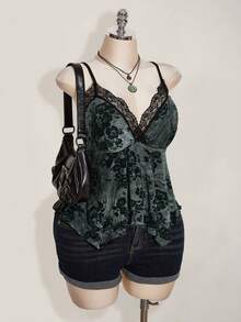 SHEIN ICON Áo hai dây họa tiết ren tương phản Hippie cỡ lớn cho nữ, viền bất đối xứng, thích hợp cho lễ hội, kỳ nghỉ hè, tốt nghiệp và trở lại trường - màu đen - Xem 4