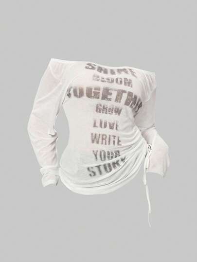 ROMWE Grunge Punk Romantic Punk Cross & Letter Print Off-Shoulder Plus Size Women Long Sleeve T-Shirt Top