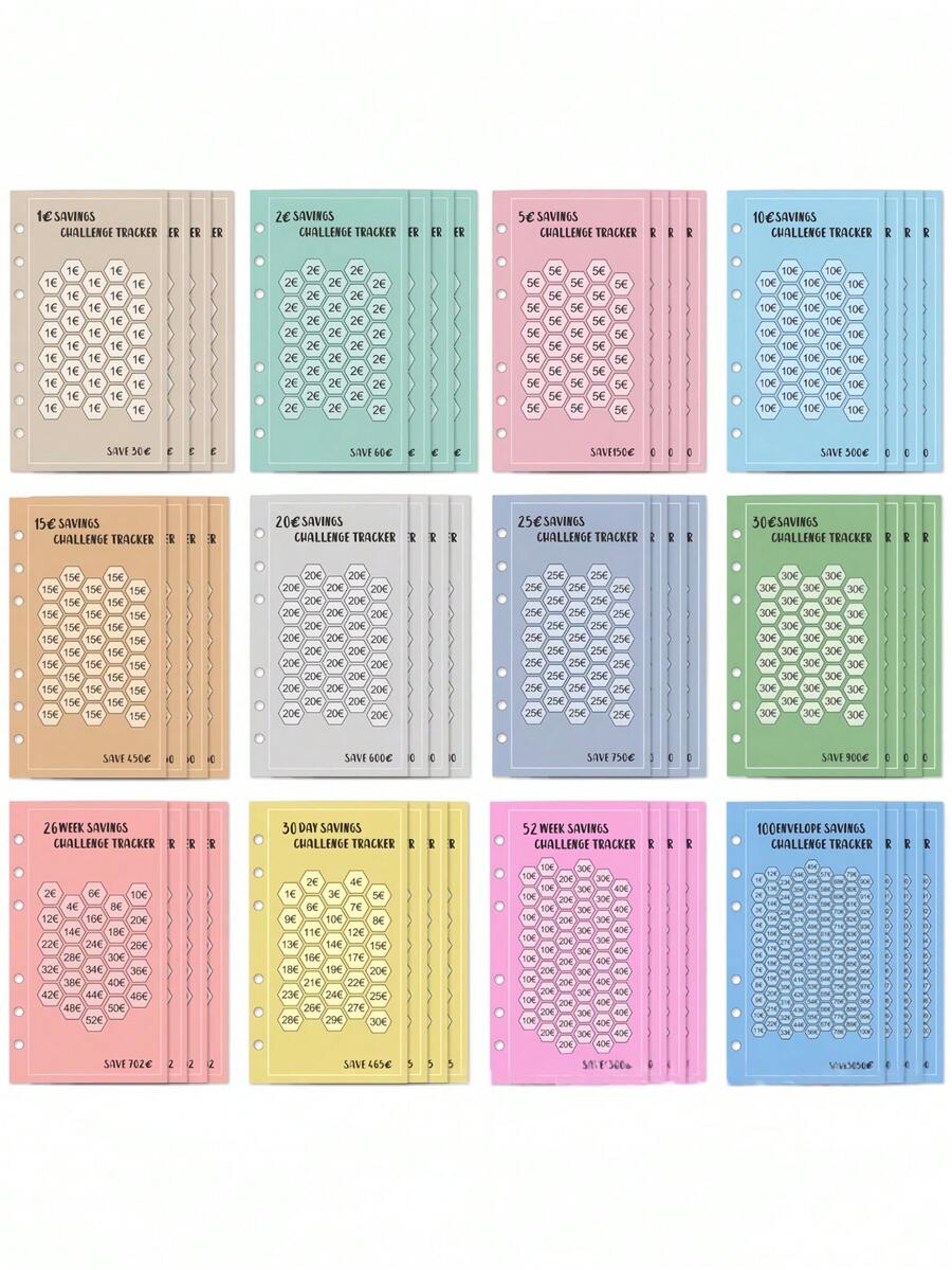 48 Sheets/Set, Pink Crocodile-Patterned Cover, 6-Hole A6 Sheet Size, 30-Day Savings Challenge ( USD /EUR). - Multicolor - View 1