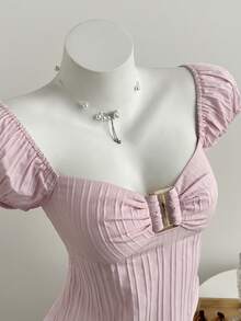 Elamini Women's Pink Striped Square Collar Puff Sleeve Blouse - Pink - View 1