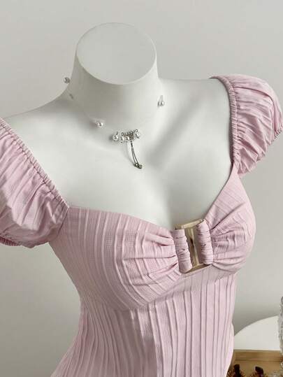 Elamini Women's Pink Striped Square Collar Puff Sleeve Blouse