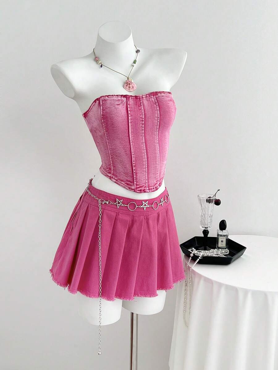 Elamini Women's Casual Versatile Denim Skirt With Pleated Ruffled Hem - Pink - View 1