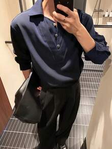 Manfinity Dauomo 男士纯色纽扣半开襟休闲百搭通勤长袖衬衫 - 白色 - 查看 2
