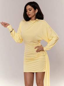 Aloruh Damen Einfarbiges Rüschen-Bindung Dekor Mode Date Party Mini Kleid - Gelb - Übersicht 4