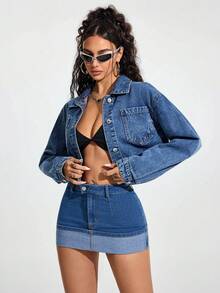 Jeanoix Women's Casual Washed Cropped Denim Jacket - Blue - View 3