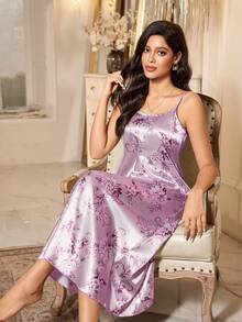 SHEIN Elegant Floral Print Satin Slip Dress - Mauve Purple - View 4