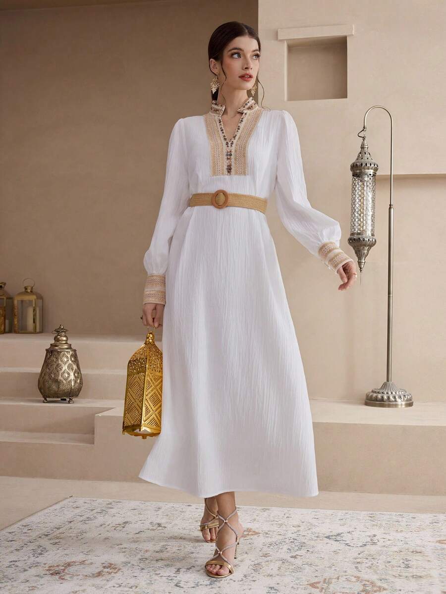 Al Najma Women's Elegant Arabic Style Patchwork Ribbon V-Neck Long Sleeve Dress - White - View 1