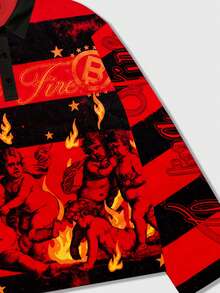 ROMWE MEN Street Life 男士街头印花条纹长袖Polo衫，秋冬款 - 紅色 - 查看 3