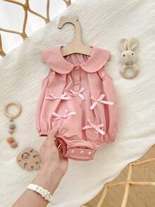 Cozy Pixies Baby Girl Pink Summer Cute Family Matching Decorative 3D Bow Collar Sleeveless Romper Dress Elegant Cotton Clothing With Panty - Pink - View 7
