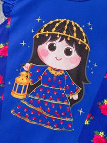 Vestido de manga volada para niña, estampado de patrón de princesa, patchwork de bloques de color, vestido floral, azul, adecuado para salidas y festivales, Ramadán Kareen - Multicolor - Ver 7