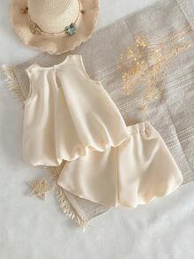 2件套女婴优雅纯色杏色无袖短裤和T恤套装 - 杏色 - 查看 2