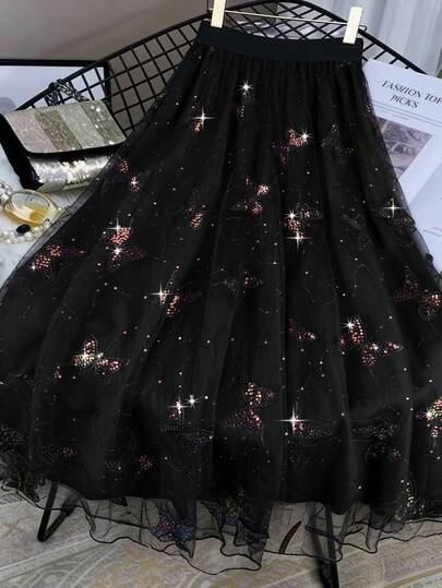 Franclia Elegant And Stylish, This A-Line Skirt Is Perfect For Commuting, Everyday Wear, Parties, And Holidays.  Featuring Mesh, Embroidery, And Sequin Details, This Black Skirt Is A Versatile Piece For Spring And Summer, Suitable For Vacations, Casual Outings, And Everyday Wear.  It's A Sparkling, Sequined, And Mesh Skirt That's Perfect For Elegant Parties.