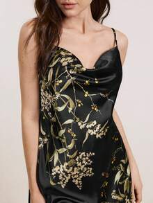 Hourtrue Gold Floral Print Satin Cami Sleep Dress & Belted Robe Pajama Set, Fall Winter Clothes - Black - View 9